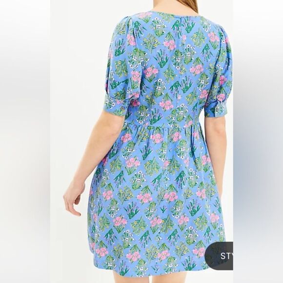 The Loft Floral‎ U-Neck Puff Sleeve Dress Blue/Floral 6 Petite NWT - Picture 2 of 5